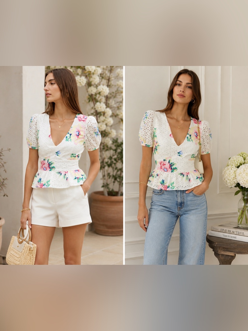 Slate & Willow Floral Eyelet Puff Sleeve Peplum Top White 100% Cotton Sz. Small